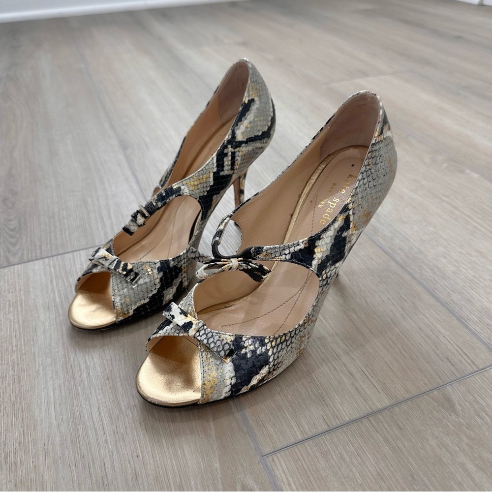 kate spade Gold and Black Snakeskin Peep-Toe Heels